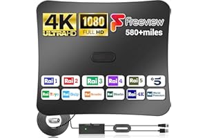 HOCENT 2024 Antenna TV Interna - Antenna TV Digitale Terrestre con Potente Amplificatore & 580 km di Distanza di Ricezione, Antenna TV Portatile Supporto 4K/1080P HDTV, Cavo Coassiale da 5 m Incluso