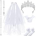 Funtery 6 Pcs First Communion Veils Set White 1st Communion Wreath Veil Headpiece Gloves Sock Necklace Bracelet Kid Wedding