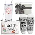 Best Teacher Appreciation Gifts,20 OZ Insulated Tumbler for Women Teacher Gifts,Unique Gifts Ideas from Students - Funny Socks Thank You Basket Box for New Teachers,Christmas Gifts for Teacher