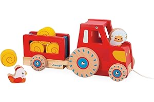Janod - Traktor zum Ziehen - Baby- und Kleinkindspielzeug - 1 Spielzeugtraktor + 6 Zubehörteile - Geräuscharme Räder - Fördert die Motorik - Spielzeug aus FSC-Holz - Ab 12 Monaten, J03317