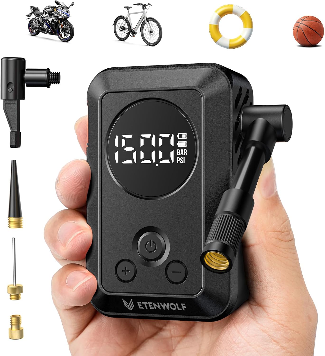 ETENWOLF Mini Electric Bike Pump, 10.34 BAR Portable Bicycle Air Pump with Presta and Schrader Valve for Mountain Bike,Road Bike,Motorcycle,Sport Ball, Fast Inflate & Auto Stop Bicycle Pump with Gauge