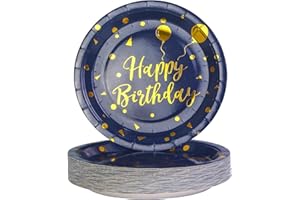 AHPYEUHK 50 PCS Assiette Jetable Anniversaire 17,8cm Assiettes en Carton Papier Party Vaisselle Jetable pour Decoration BBQ Party Fête Mariages Camping (Or bleu)