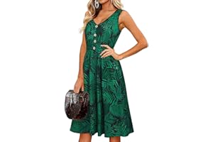 II ININ Women's Summer V Neck Sleeveless Casual Button Down Tank Dress Midi Floral Beach Party Sundress with Pockets