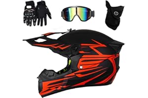 ABXUJWUB Kinder Motorradhelm Downhill Set - Leichter Vollvisierhelm mit stylischem Heckflügel-Design, Belüftung + Brille+Handschuhe für Jungen/Mädchen (MTB/BMX/Enduro)(As red,M(54~55cm))