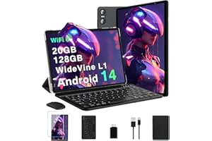 Biegedy Tablette 10 Pouces Android 14 Tablettes 20Go RAM + 128Go ROM(TF Extensible 2To), Octa-Core, GMS Tablette Tactile, Widevine L1, WiFi 6, 5G+2.4G Wi-FI, Tablettes avec Clavier+Souris et Cas-Noir