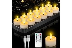 ‎DAPHOMEU Aufladbare Led Teelichter mit Timerfunktion, 12er Wiederaufladbare LED Teelichter Kerzen Flackernde Flamme mit Fernbedienung und Ladestation für Wohnzimmer Partys Halloween und Weihnachten Deko