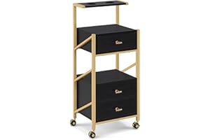 MCombo M Carrello da parrucchiere con ruote e 3 cassetti, carrello da servizio nero e oro, carrello da salone con 2 ripiani, carrello da lavoro per bagno, 30x40x97cm, 0048