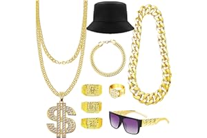 TUBAWD Fake Gold Chain, 90's Fancy Dress Fake Rings, Etc for Various Themed Parties Such as Halloween, Featuring Hip-Hop Elements, Suitable for Both Men and Women
