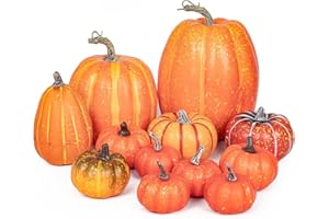 Cymax Lot de 12 Grande Citrouilles Artificielles de Tailles Assorties pour Décoration de Table,Automne,Vacances,Halloween, Thanksgiving,Orange