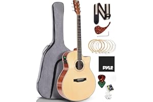 Pyle Premium Electric Acoustic Guitar Kit, Spruce Top and Mahogany Sides Full Size Dreadnought Cutaway, Steel String, with Upgraded Gig Bag, 4-Band EQ, Rechargeable Tuner, 41” Natural Matte