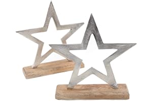 Logbuch-Verlag Set de Dos Estrellas Silueta Decorativas de Metal Plateado con Base de Madera – Figuras de decoración para el hogar