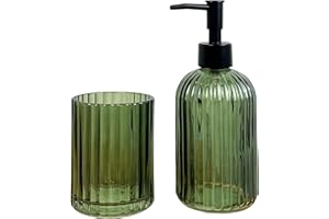 ALFIE FRANCIS 2 Piece Dark Green Ribbed Glass Bathroom Sink Accessories Set Liquid Soap Lotion Dispenser Tumbler/Toothbrush Holder Cup