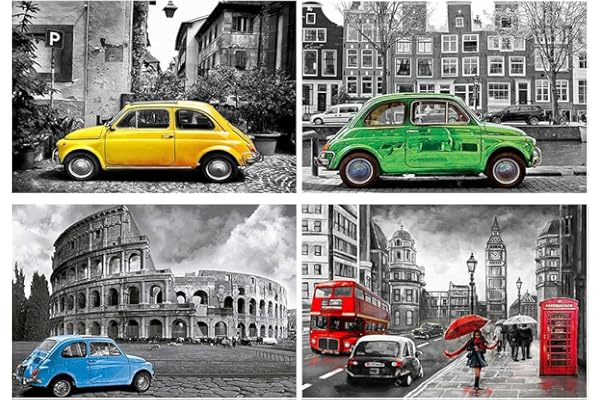 DCIDBEI de 4 Diamond Painting Voiture Ancienne Tableau Perle Jaune Diamant Auto London Bus Rouge Broderie Paysage Italie Rome Tableau Perle Diamant Paysage London voiture