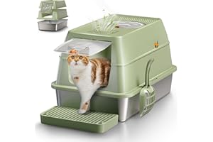 EOSARCU Stainless Steel Cat Litter Tray with Lid, XXL Enclosed Cat Litter Box with High Sided for Big Cats, with Removable Lid &Scoop - Green