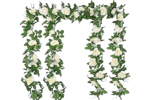 ‎YMIFEEY YMIFEEY 4 x 2,2m Künstliche Rosen Girlande Blumengirlande Rosen Rebe Seidenblumen Hängend Kunstblumen Deko Gefälschte Blumen mit grünen Blättern für Hochzeit, Party, Haus, Garten Dekoration (Weiß)