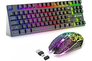LEXONTECH 87 Tasten Drahtlose Tastatur Maus Combo Regenbogen von hinten beleuchtet 2.4G wiederaufladbare mechanische Feel Gaming-Tastatur+2400DPI 6 Tasten Optische Regenbogen-LED-Gaming-Maus+Mauspads (schwarz)