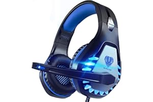 Pacrate Zestaw słuchawkowy do gier do PS4 PS5 Nintendo Switch Xbox One zestaw słuchawkowy z redukcją szumów do Mac, laptopa, PC, zestaw słuchawkowy z mikrofonem, światła LED, głęboki bas, miękkie nauszniki, czarne, niebieskie
