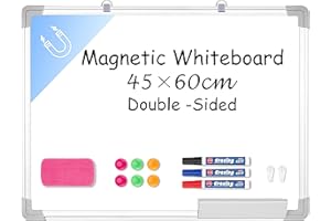 Pechor Magnetic Whiteboard with Pen Tray, 60 x 45cm, Aluminium Trim and Dry-Wipe Writing Surface, Double Side Dry Erase Whiteboard for Home Office Classroom