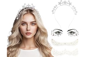 LJEVANDRIA Haarreif Sterne mit Gesichtstattoo，Star Haarreifen Damen,Stars Stirnband Strasssteine Perlen Glitzer Stern Haarschmuck Silber für Girls Karneval Fasching Halloween Geburtstag