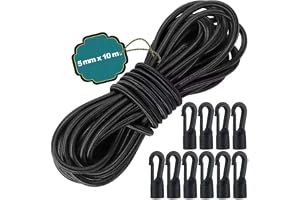 Gummirep 5 mm x 10 m, gummisnöre med 10 plastkrokar, svart gummiband