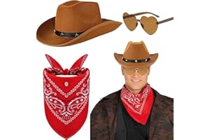SAIER TBO 3 Pièces Accessoires pour Chapeau de Cowboy, Western Cowboy Déguisement Set avec Chapeau Lunettes de Soleil en Forme de Cœur Bandanas à Motif Cachemire pour Adultes Mascarades Halloween Fête
