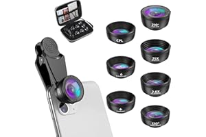 Textiluxe 7 in 1 Handy Objektiv Kit, Fischaugenobjektiv 210°+Weitwinkel 120°+Makroobjektiv (25x)+Sternfilter+Telephoto, Kaleidoscope, CPL/Star Filter für iPhone Samsung und die meisten Smartphones