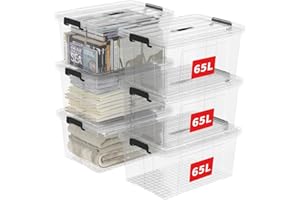 Cetomo 65L * 6 Boîte de rangement Bac de rangement Conteneur de rangement avec fermeture à clic et couvercle Organisateur transparent empilable Lot de 6