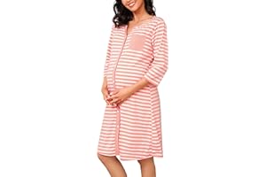 Marvmys Damska koszula nocna do karmienia piersią, bawełna, rękawy 3/4, sukienka urodzinowa, koszula nocna, szpitalna, w paski, koszula do spania z listwą guzikową na całej długości