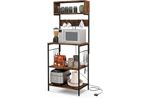 TANGZON 5 Tier Baker’s Rack with Power Outlets, Metal Frame Microwave Stand with Top Shelf, 10 Hooks & Anti-tipping Device, Utility Kitchen Shelves Organiser Coffee Bar Stand for Spices Pots Pans