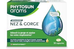 PHYTOSUN AROMS Capsules Nez et Gorge, ¹Adoucit la gorge et ²Apaise les voies respiratoires grâce aux huiles essentielles de ¹˒²thym et ¹d'eucalyptus, 30 Capsules