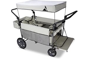 TOPWELL Folding Handcart Trolley, Folding Camping Wagon with Canopy & 2 Seats, Collapsible Beach Cart Foldable for Outdoor Garden Picnic Shopping 265LBS Capacity (Beige)