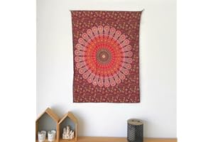 MOMOMUS Wandteppich Mandala - Mehrzweck, Bunt, 100% Baumwolle - Ideal als Wandteppich Aesthetic, Wandtuch Boho, Indischer Wandbehang aus Stoff oder Wall Tapestry - Rot, 77x102 cm