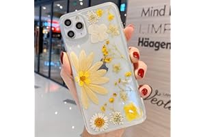 Tybiky Custodia protettiva per iPhone 12 Pro, realizzata a mano, con veri fiori secchi, motivo floreale eterno, per iPhone 12 Pro/12, fiori gialli