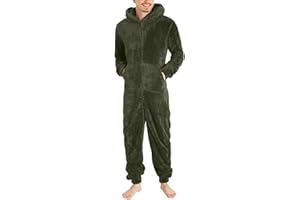 DUHENWU Overall Herren Winter Warm Jumpsuit Flauschig Schlafanzug Teddy Fleece Einteiler Onesie Kuschelig Weich Ganzkörperanzug Lang Einfarbig Hausanzug Mit Kapuze Plüsch Trainingsanzug