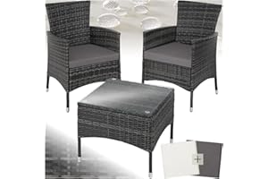 TecTake® Ensemble Salon de Jardin Extérieur en Poly Rotin 2 Personnes Ensemble Fauteuil Salon et Table de Jardin, Coussins Amovibles Inclus, Mobilier de Jardin pour Amenagement Balcon Terrasse