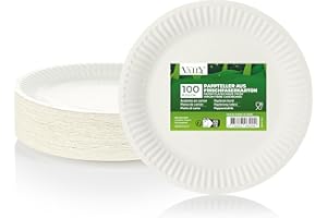 Vaily Talerze papierowe okrągłe, 22,5 cm, opakowanie 100 sztuk – przyjazne dla środowiska talerze jednorazowe, talerze imprezowe, naczynia jednorazowe na przyjęcia grillowe, imprezy, urodziny i piknik