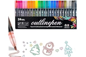 KEEPLUS Dreamy Sparkle Dual-Line Contour Pen,Coloring Lightstick Graffiti Highlighter Pens,Dual Tip Brush Pens,Vibrant Paint Markers,Children's Drawing Markers,Felt Tip Colouring Pens For Art & Crafts (24PCS)