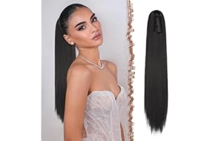 FESHFEN Coda Capelli Lisci Extension con Pinza - Lunghi Dritto Liscia Coda Finta Capelli Nero Naturale Sintetici Posticci Ponytail Extensions Coda di Cavallo per Donna, 63 cm