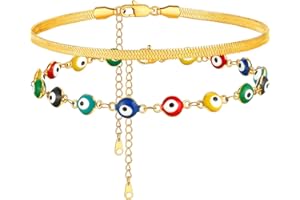 Supcare Evil Eyes Anklets for Women, Stainless Steel Colorful Eyes Bead Ankle Bracelet Gold/Black, Double Layer Anklet Chain for Summer Beach - With Gift Box