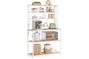 ‎VASAGLE VASAGLE Regał kuchenny, regał na ekspres do kawy, 6 półek i 6 haczyków, do kuchenki mikrofalowej, stalowa rama, styl przemysłowy, 40 x 100 x 167 cm, kolor dębu i biały KKS039Y09