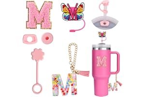 6PCS Personalisierte Stanley Cup Zubehör, Stanley Stroh Cover,Tumbler Initialen Dekorationen für Stanley,Stanley Cup Brief Aufkleber,Brief Charm,strohhalm abdeckung (M)