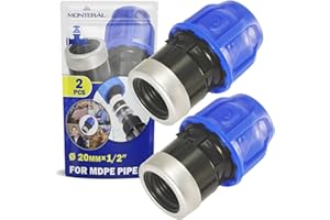 2 Pieces Sleeve Ø 20 mm x 1/2″ with Female Thread Reinforced with Galvanised Steel Ring Adapter Made of Polypropylene PP for Connecting Polyethylene PE Pipes - MONTERAL