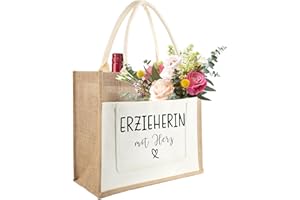 TARKLANDA Jutetasche Erzieherin mit Herz, Jute Einkaufstasche Damen, Jute Tote Bag für Erzieher als Abschiedsgeschenk, Geburtstagsgeschenke, Geschenke für Erzieherin zum Abschied, Geburtstag, Weihnachten