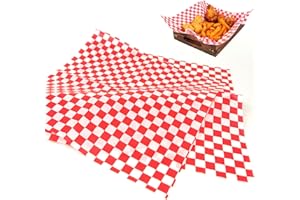 MORAINJAY 100Pcs Red White Checkered Greaseproof Paper Sheets,Wax Paper Sheets for Food Chips,Wrapping Paper Sheets Waterproof Basket Liners Oil-Proof Baking Paper for Burger Sandwich Food(30x30cm)