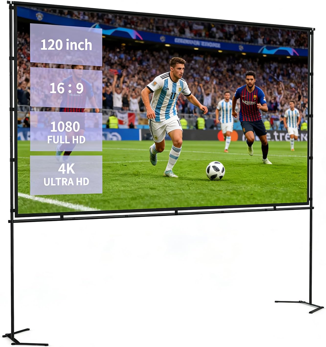 Pantalla Proyector Portátil 120 Pulgadas con Soporte, Marco Rápido Resistente a Arrugas para Interior y Exterior, Pantalla de Proyección 16:9 Compatible 4K HD para Cine en Casa