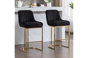 Ya-Home Tabouret de Bar Lot de 2 avec Pied Doré Chaise Bar en Velours Chaise de Bar avec Cadre en Métal Tabourets de Comptoir avec Dossier et Repose-Pieds, Noir