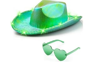 SILOM Cowboy Hat Women Sparkly Cowgirl Hats Space Neon Glitter Light Up Hats with Heart Glasses Fancy Metallic Holographic Disco Halloween Birthday Bachelorette Party