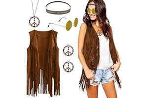 BIQIQI Costume Hippie Donna Anni 60 Anni 70 Gilet Nappa Occhiali da Sole Collana Orecchini Cerchietto Accessori Hippie Discoteca Festa di Halloween Natale Carnevale