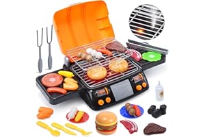 CUTE STONE Juego de Barbacoa Infantil, Parrilla de Juguete de 2 Niveles con Comida, Luz y Sonido, Accesorios de Cocina, Juguete de Cocina al Aire Libre para Niños y Niñas
