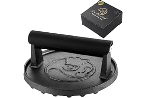 Gourmet Easy Pressa per Hamburger in ghisa Antiaderente | Robusta pressa per Hamburger 15 cm | Pressa per Hamburger con Manico Resistente al Calore | Pressa per Burger | Pressa per Hamburger